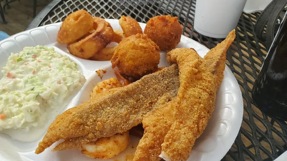 Breaded Catfish Strips with Slaw and Fries and Hushpuppies